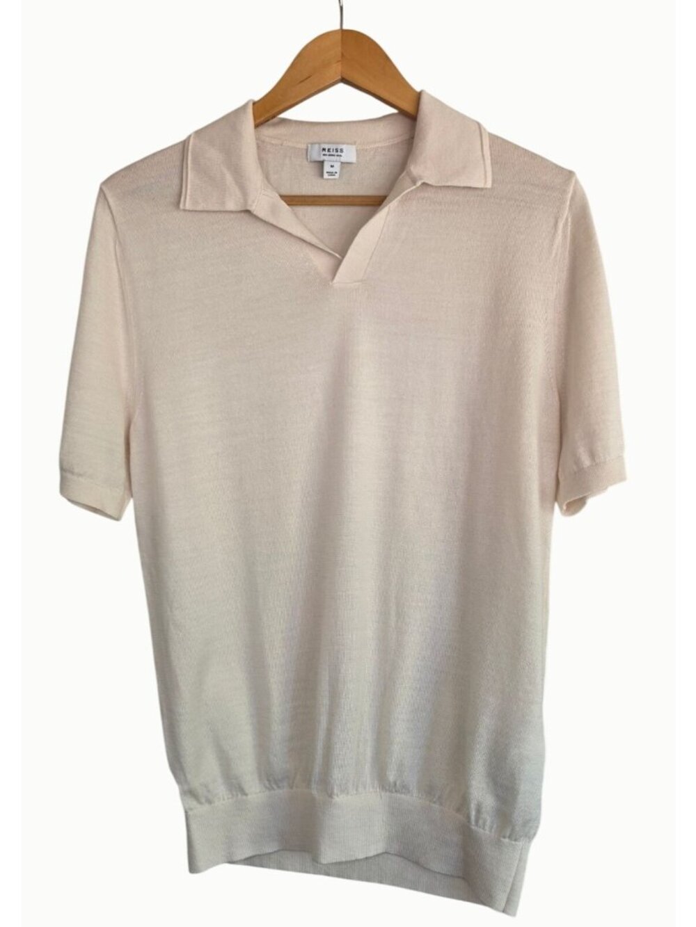 REISS Duchie Men’s M 100% Merino Wool Open Collar Polo Shirt Cream